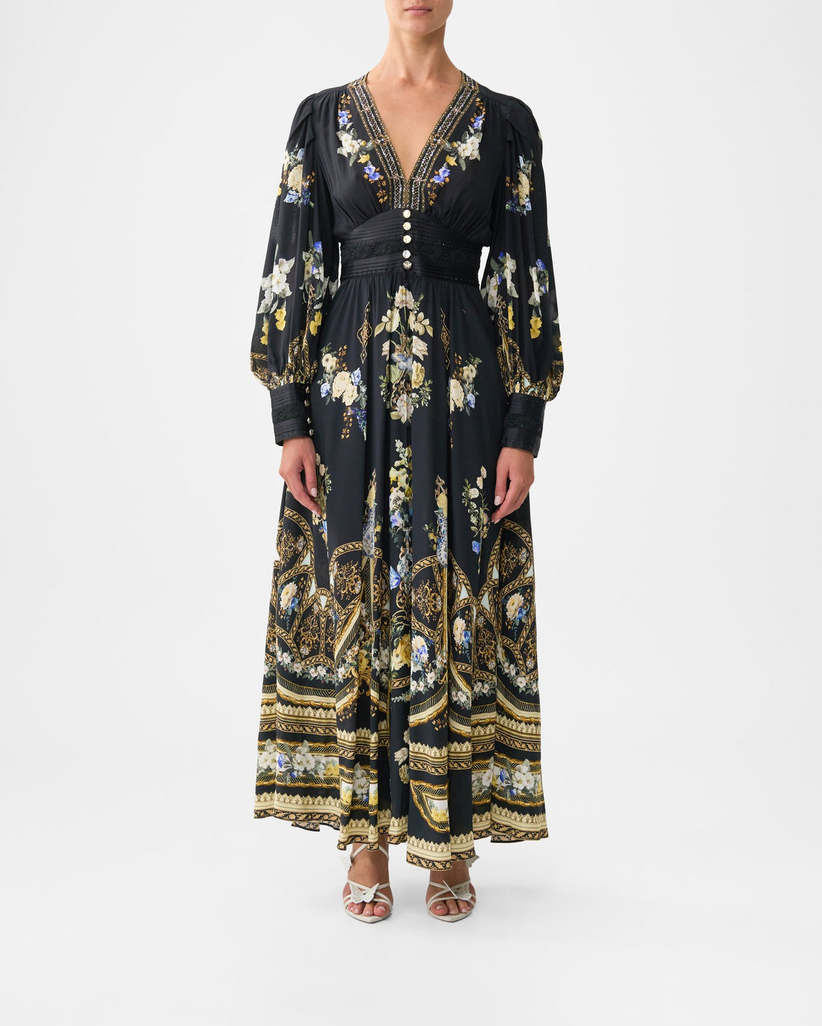 SHAPED WAISTBAND DRESS WITH GATHERED SLEEVES