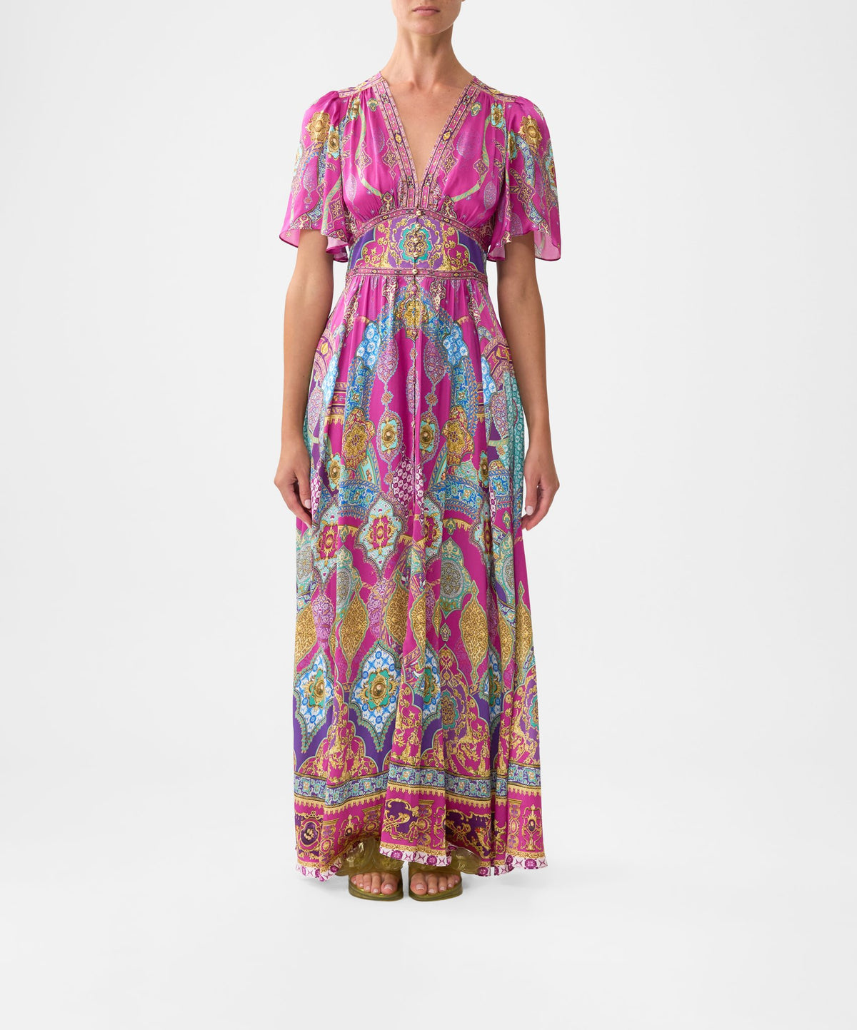 SHAPED WAISTBAND DRESS WITH FLUTTER SLEEVES