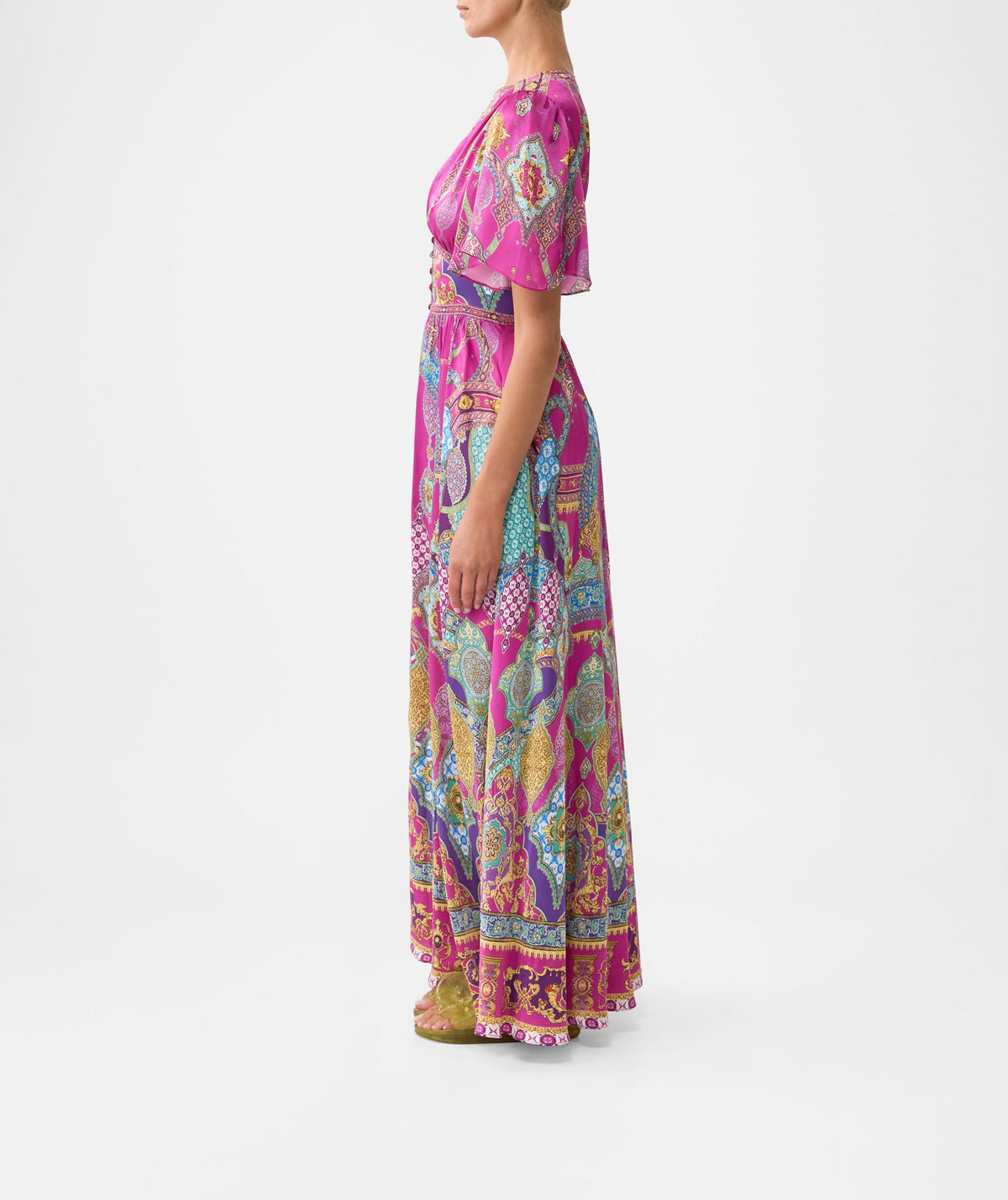 SHAPED WAISTBAND DRESS WITH FLUTTER SLEEVES