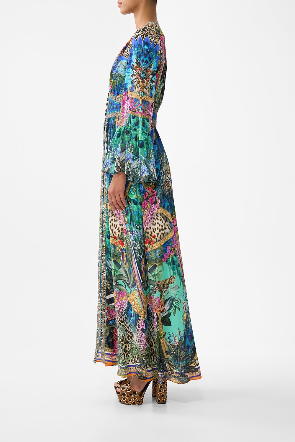 SHAPED WAISTBAND DRESS WITH RUFFLE SLEEVE