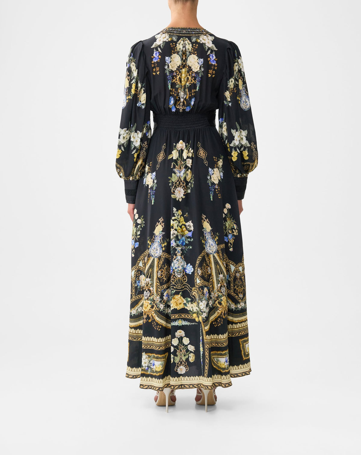 SHAPED WAISTBAND DRESS WITH GATHERED SLEEVES