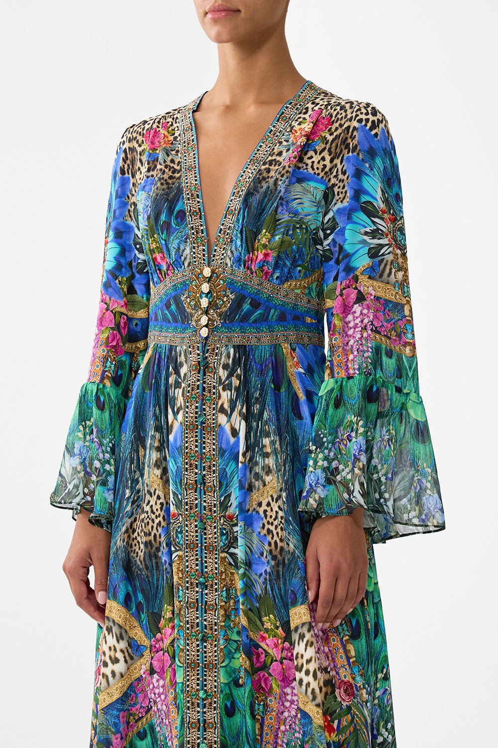 SHAPED WAISTBAND DRESS WITH RUFFLE SLEEVE