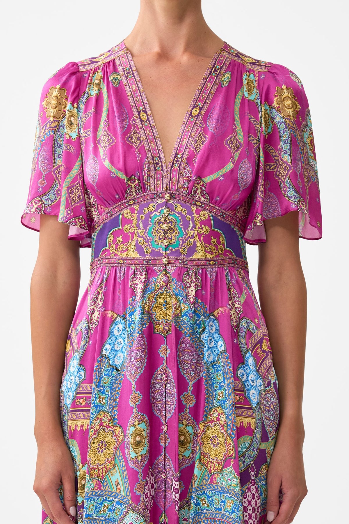 SHAPED WAISTBAND DRESS WITH FLUTTER SLEEVES