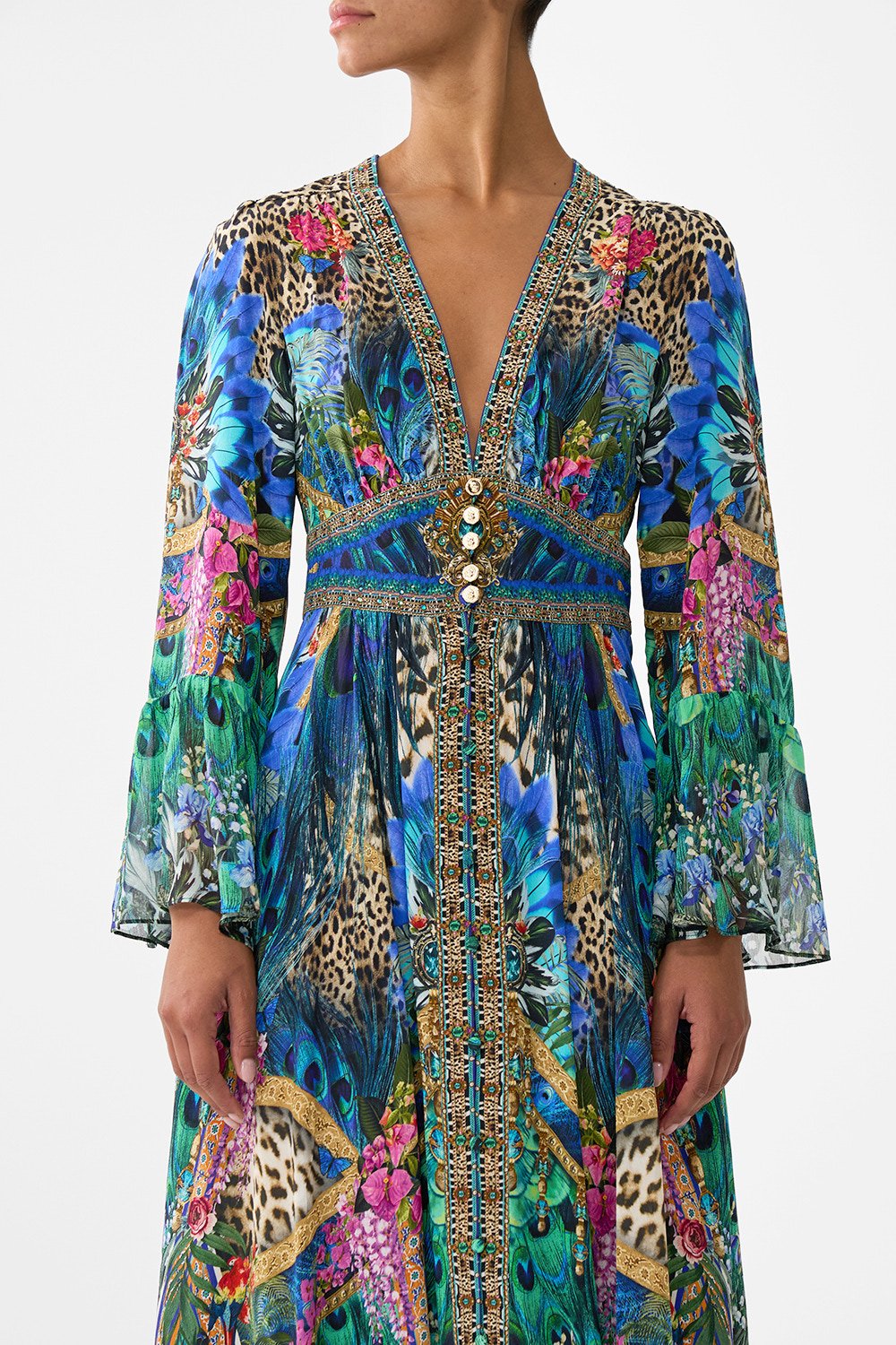 SHAPED WAISTBAND DRESS WITH RUFFLE SLEEVE
